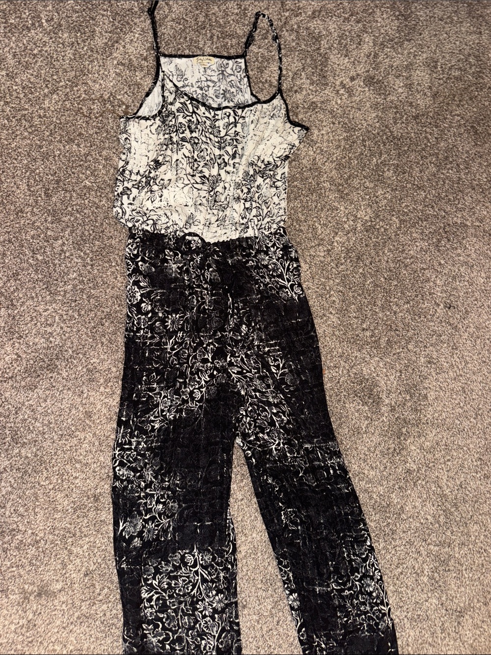 Lily White Black and White Floral Spaghetti-Strap Jumpsuit